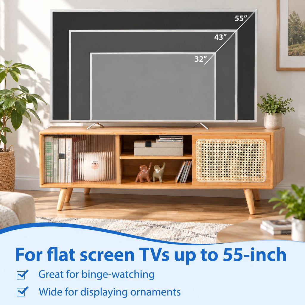 Airfind Modern TV Stand with Rattan Glass Sliding Doors, Bamboo Rubber Wood Rattan Tempered Glass Frame, 47.5 x 12 x 18 Footprint, Natural
