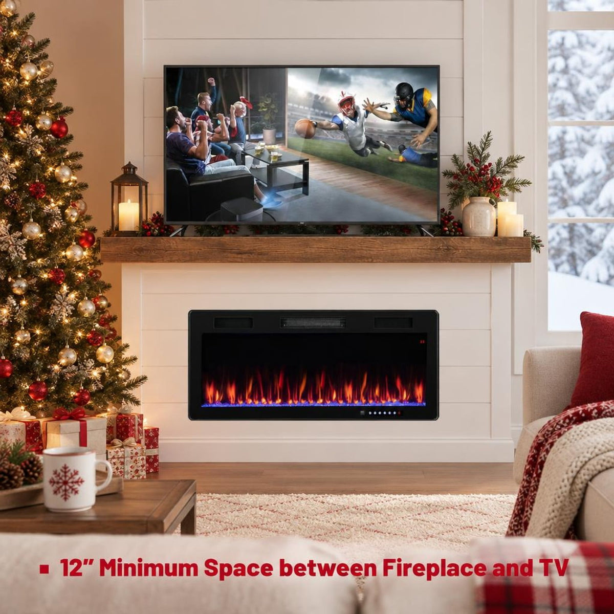 Airfind Electric Fireplace 40/50/60 Inches Recessed and Wall Mounted for 2ft x 6ft Stud-40 Inches, CRS Tempered Glass Frame, Black