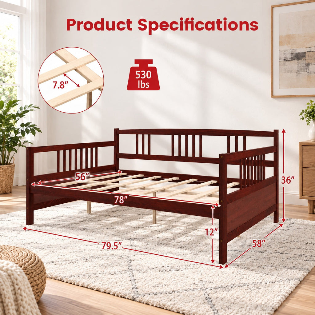 Airfind Classic Wooden Full Size Daybed Frame with Guardrails, 250 lbs Capacity, Pine wood plywood MDF Frame, Brown