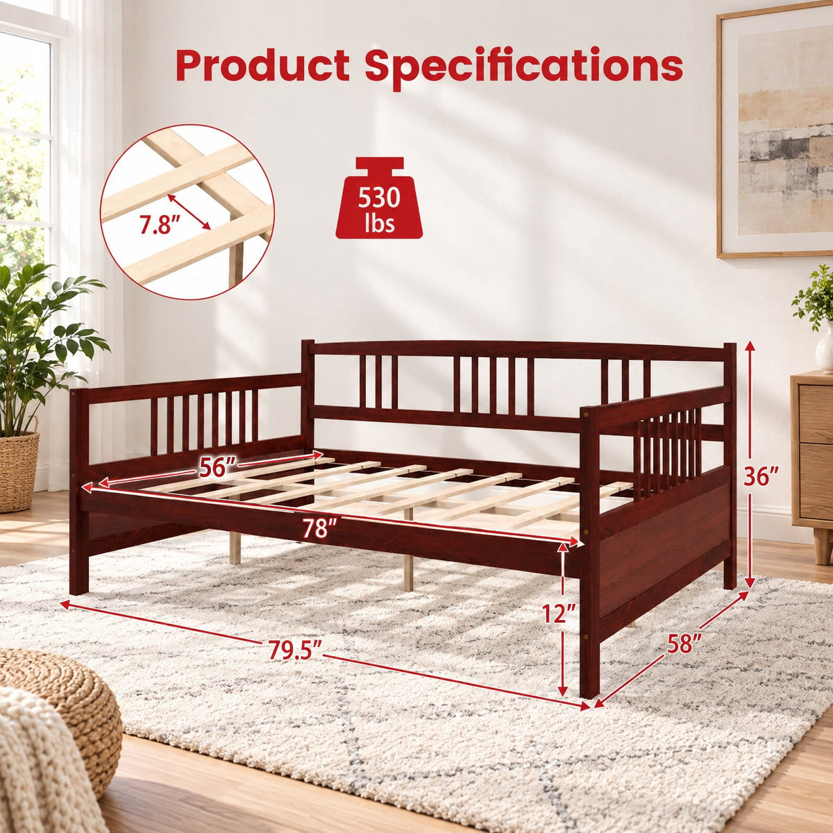Airfind Classic Wooden Full Size Daybed Frame with Guardrails, 250 lbs Capacity, Pine wood plywood MDF Frame, Brown