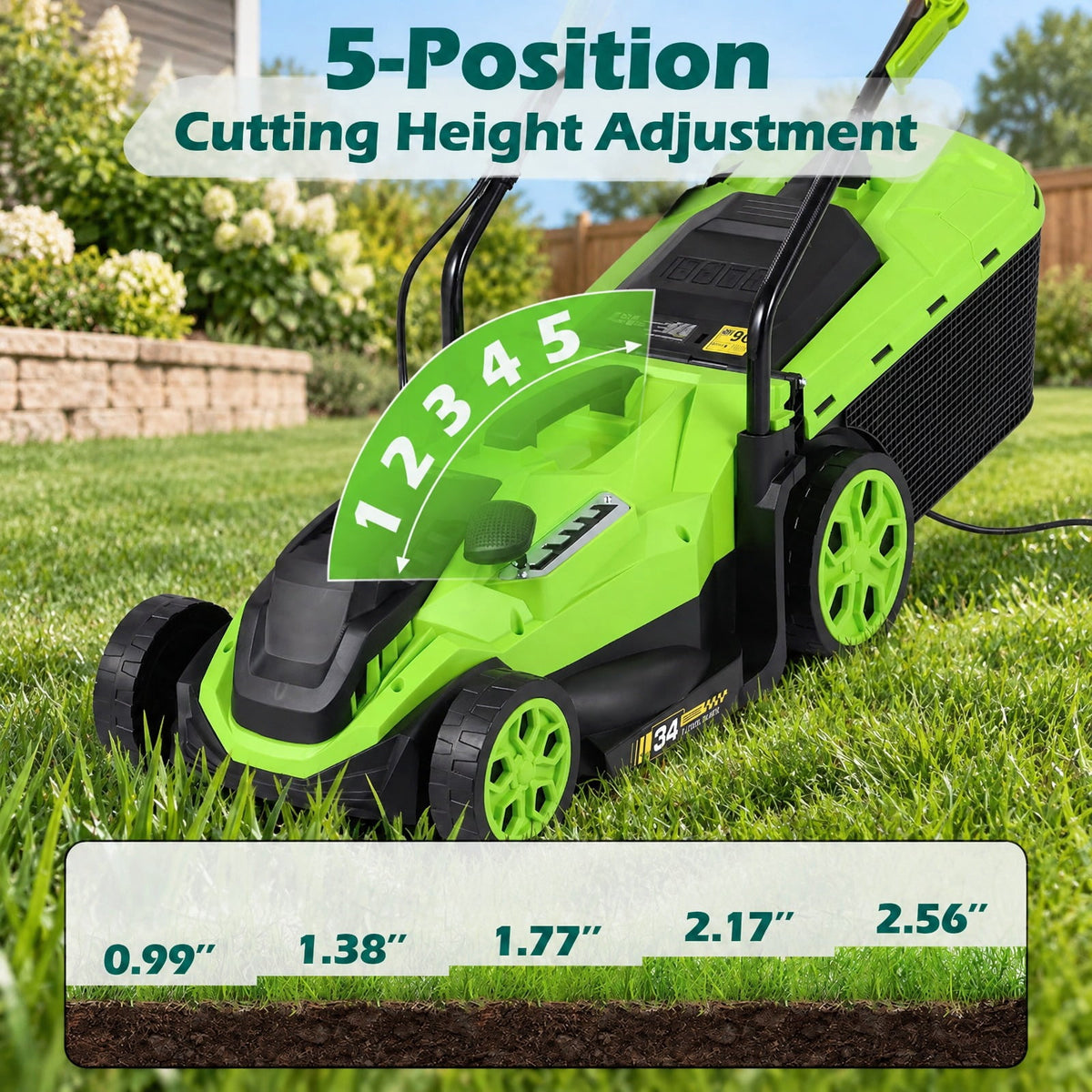 Airfind 14-Inch 12-Amp Corded Electric Lawn Mower w/ 5-Position Height Adjustment, Metal Frame, 44-45.5 x 14 x 38.5-39.5 Footprint, Green