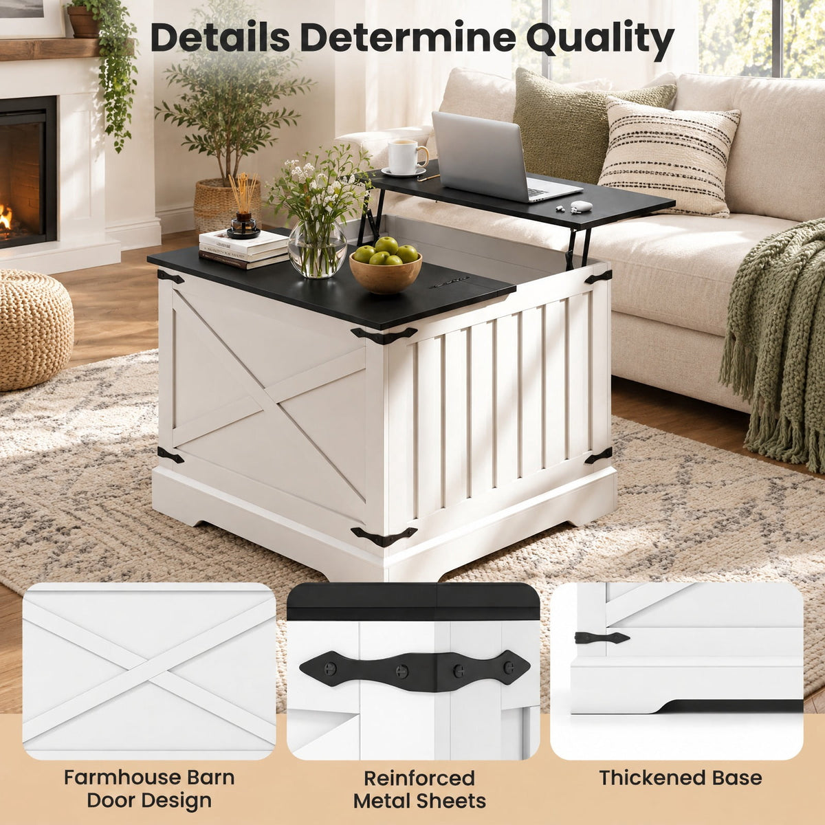 Airfind Farmhouse Lift Top Coffee Table with Hidden Storage Compartment, 132 lbs Tabletop Capacity, Engineered Wood MDF Metal Frame, Black