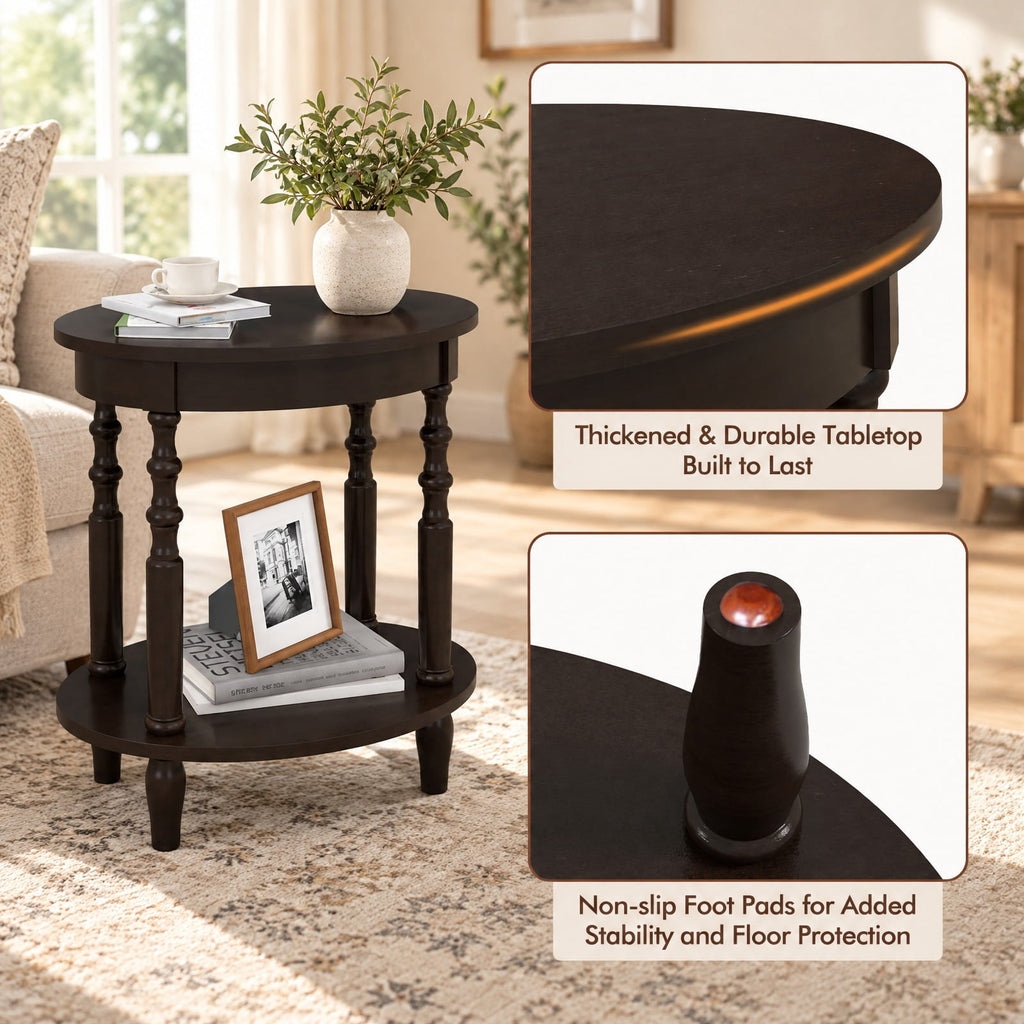 Airfind Side Table, 2-Tier Oval, with Storage Shelf and Solid Wood Legs, 245 lbs Capacity, MDF Rubber Wood Frame, Espresso