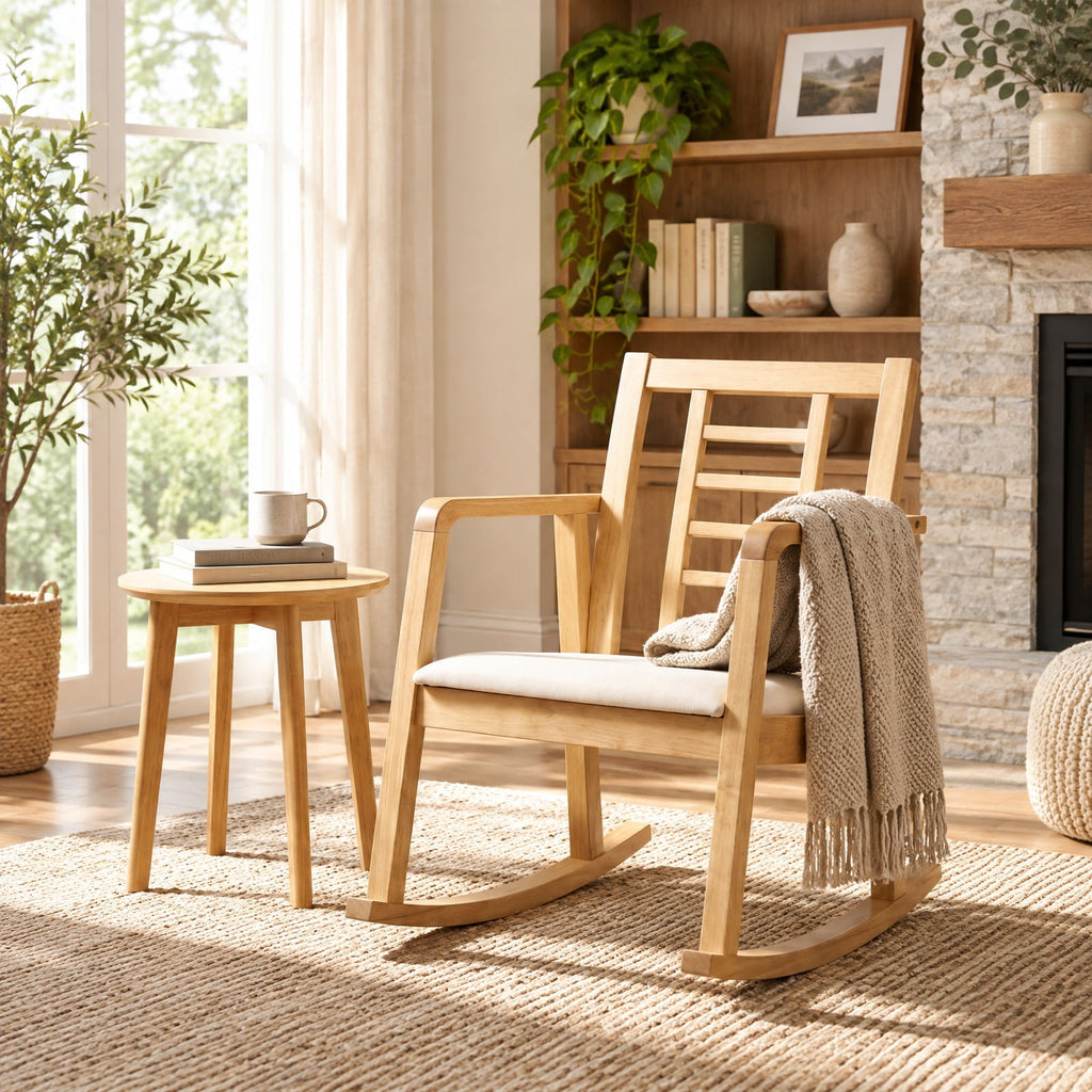 Airfind Wooden Rocking Chair with Upholstered Seat and Ladder Back for Living Room, 400 lbs Capacity, Rubber Wood Faux Leather/Fabric Sponge Frame