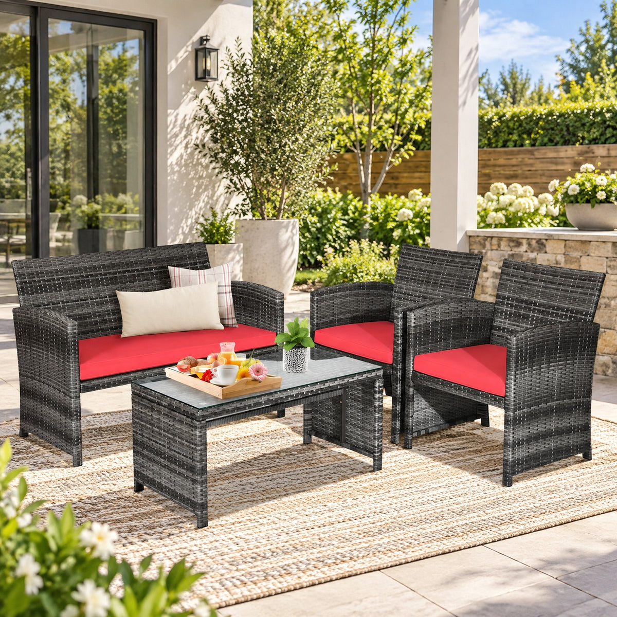 Airfind 4 Pieces Patio Rattan Furniture Set with Cushions, PE Rattan Polyester Fiber Steel Sponge Single Sofa Frame, Red