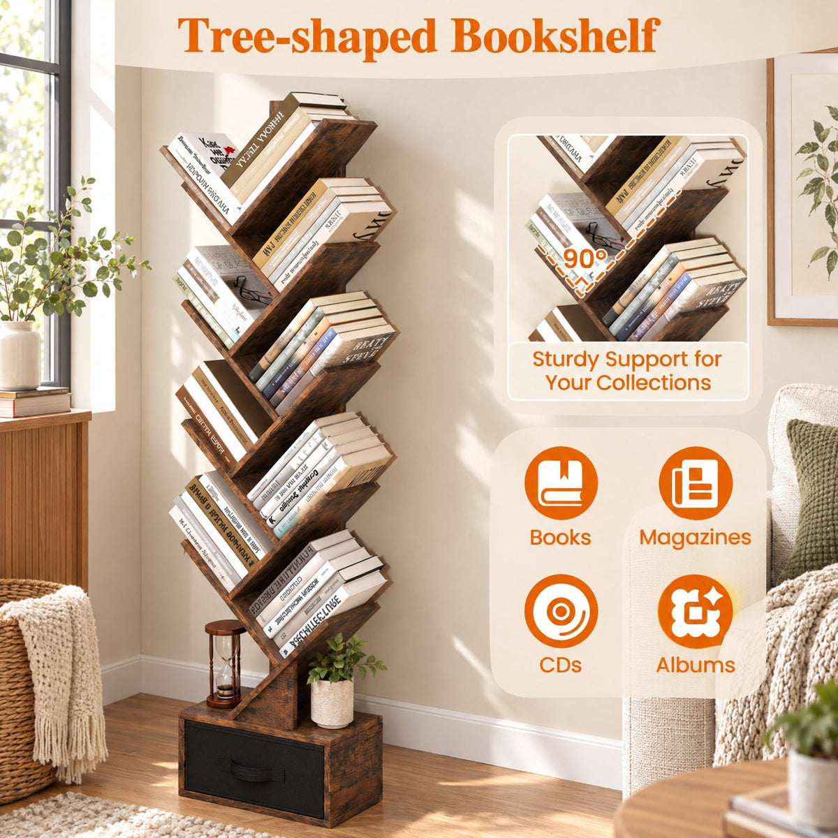 Airfind 10-tier Tree Bookshelf with Drawer Free, 26.5 lbs Capacity, 13 x 7 x 5.5 (L x W x H)Overall Footprint, Rustic Brown Black