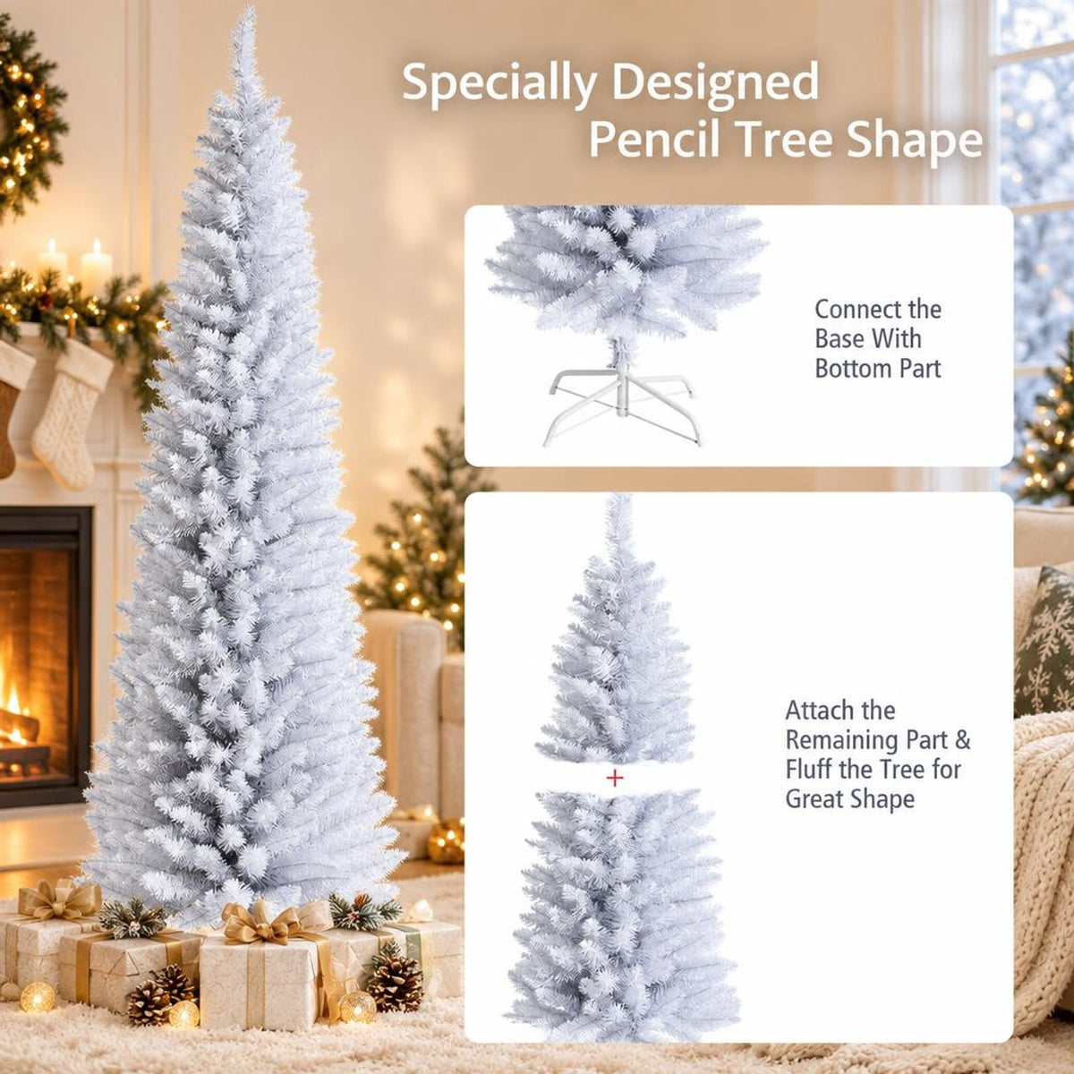 Airfind 7 Feet Unlit Artificial Slim Christmas Pencil Tree with Metal Stand-7 ft, PVC iron Height: 5ft/6ft/7ft Base width: 1.7ft/2.4ft/2.8ft Frame
