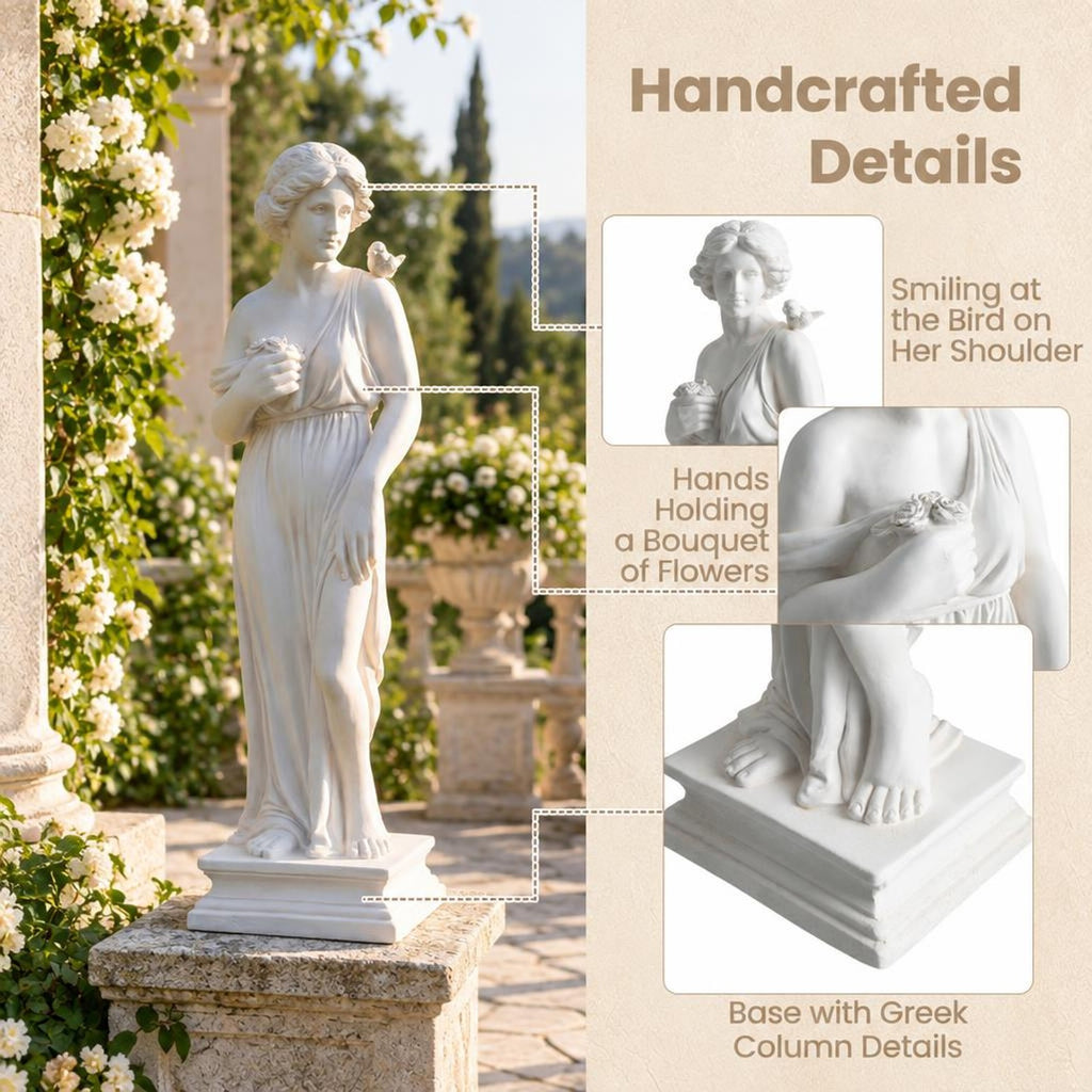 Airfind 31.5 Inch Outdoor Greek, Goddess Statue with Antique Finish and Column Base, Magnesium Oxide Fiber Filaments Frame, 9 Inch x 8 Inch x 31.5 Inch, White