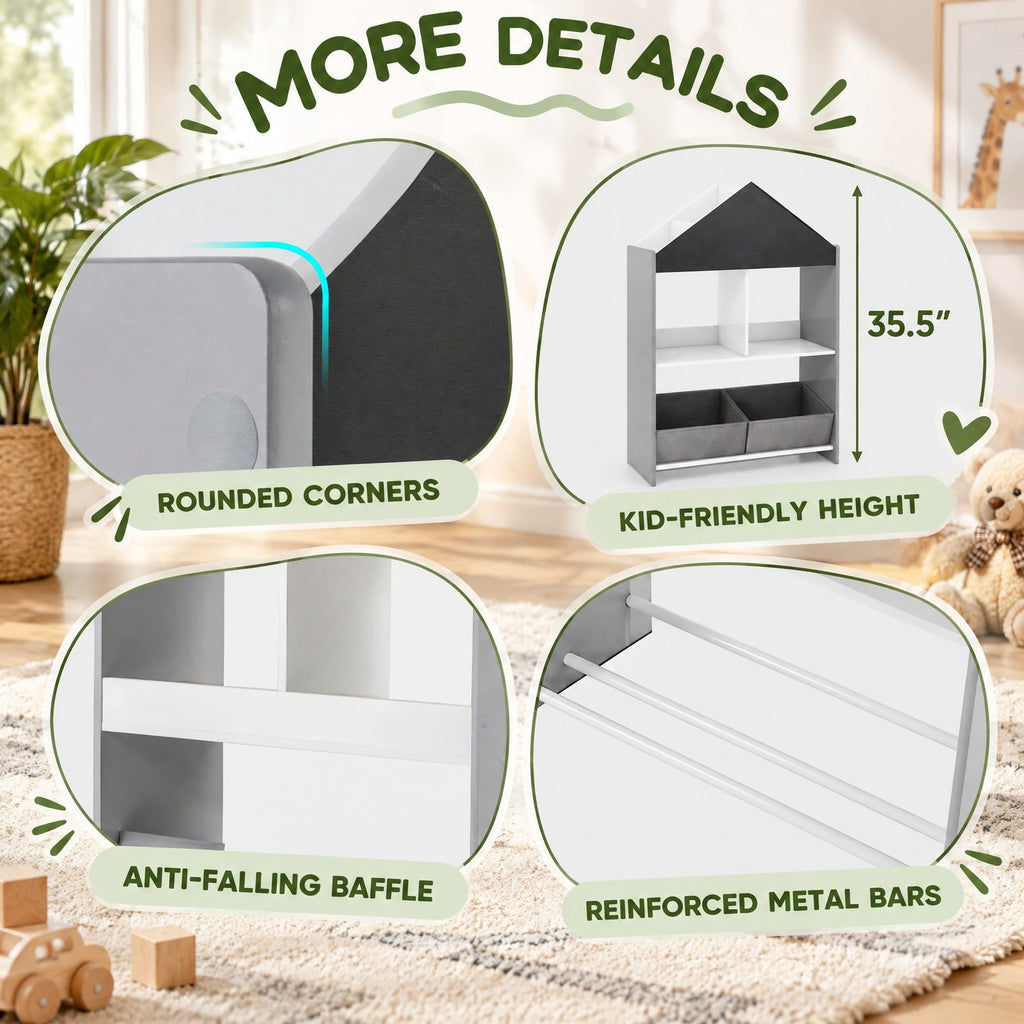 Airfind Playhouse Kids Bookshelf with Chalkboard and Whiteboard for 3-6 Years, MDF Metal Fabric Frame, Gray