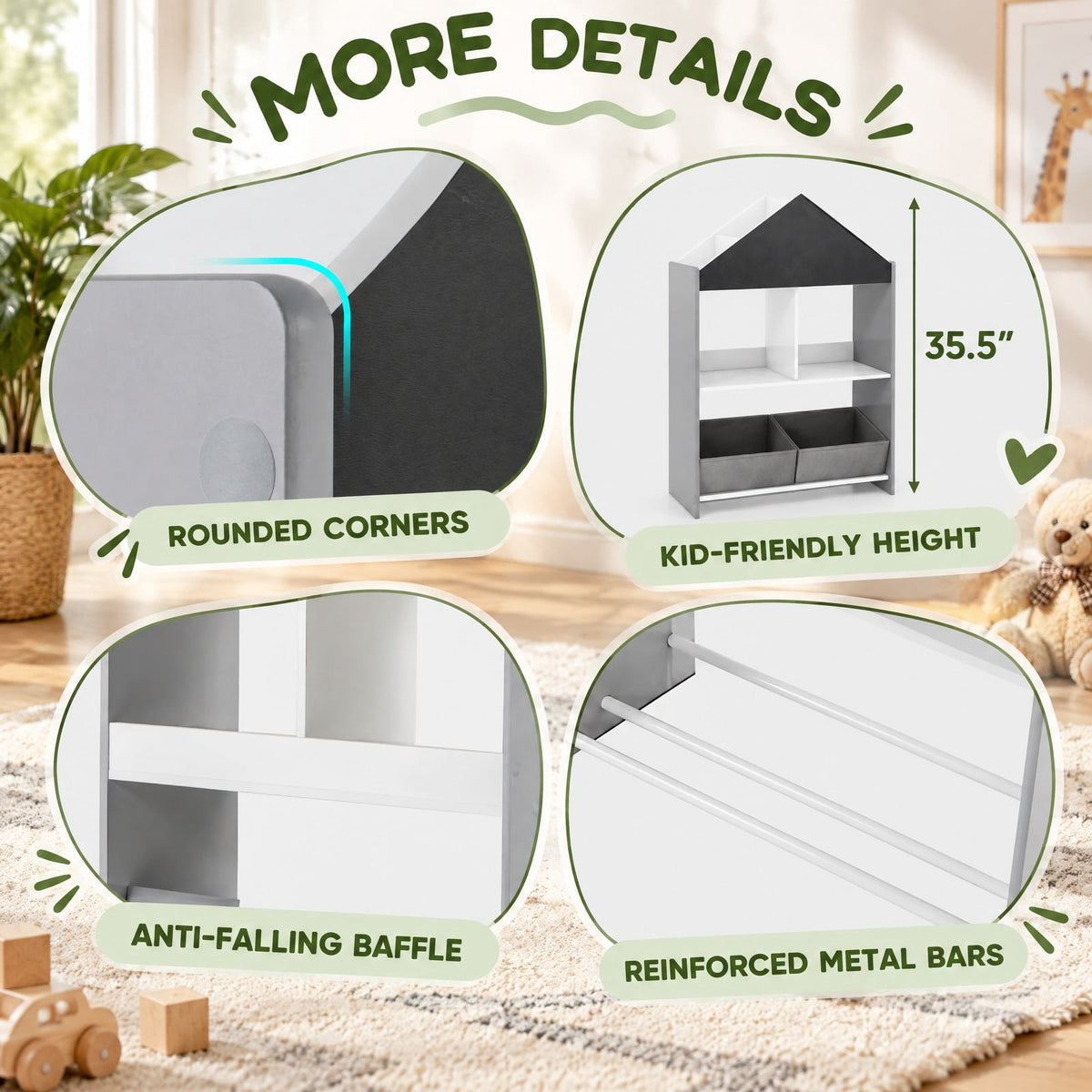 Airfind Playhouse Kids Bookshelf with Chalkboard and Whiteboard for 3-6 Years, MDF Metal Fabric Frame, Gray