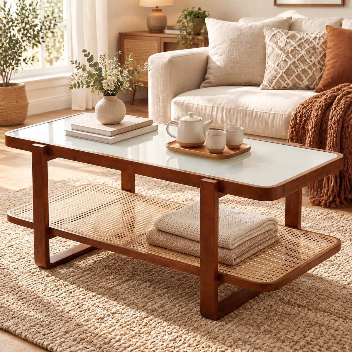 Airfind Coffee Table, Rattan Table with Tempered Glass Top and Storage Shelf, 220 lbs Capacity, Tempered Glass PE Rattan Plywood Frame, Walnut