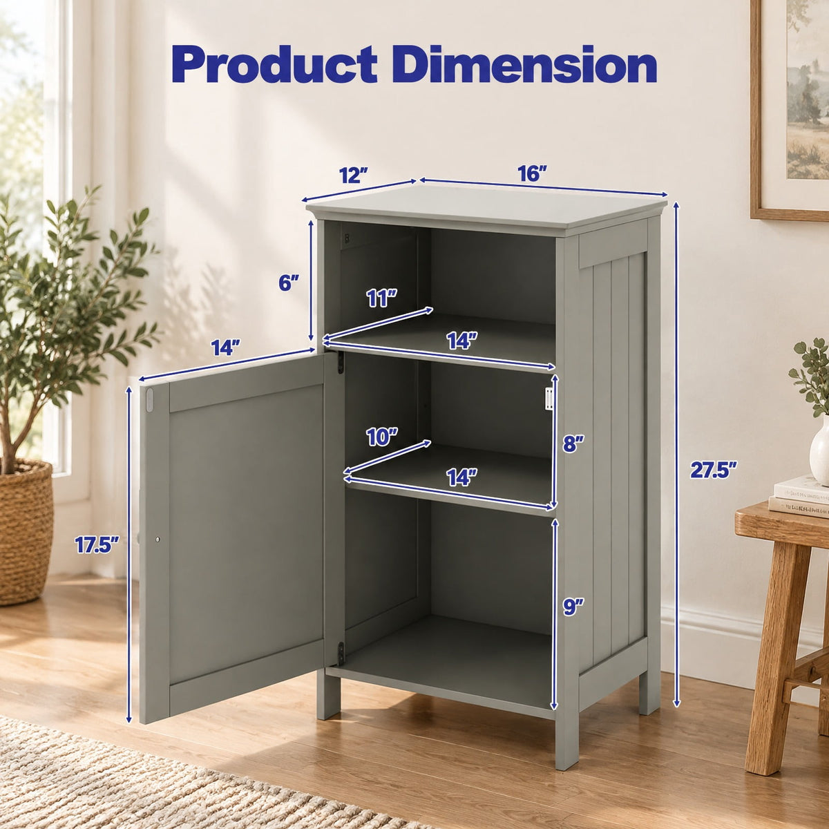 Airfind Bathroom Freestanding Adjustable Shelf Floor Storage Cabinet, MDF Frame, 16 Inch x 12 Inch x 27.5 Inch Footprint, Gray