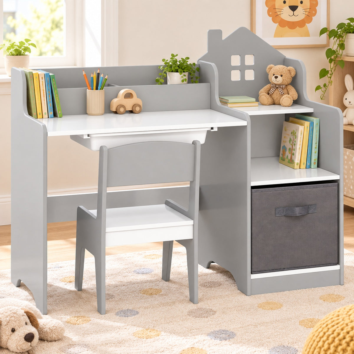 Airfind Kids Study Desk and Chair Set with Open Shelves Drawer and Fabric Storage Bin, 44 lbs Capacity, MDF Non-woven Fabric Desk Frame, Gray