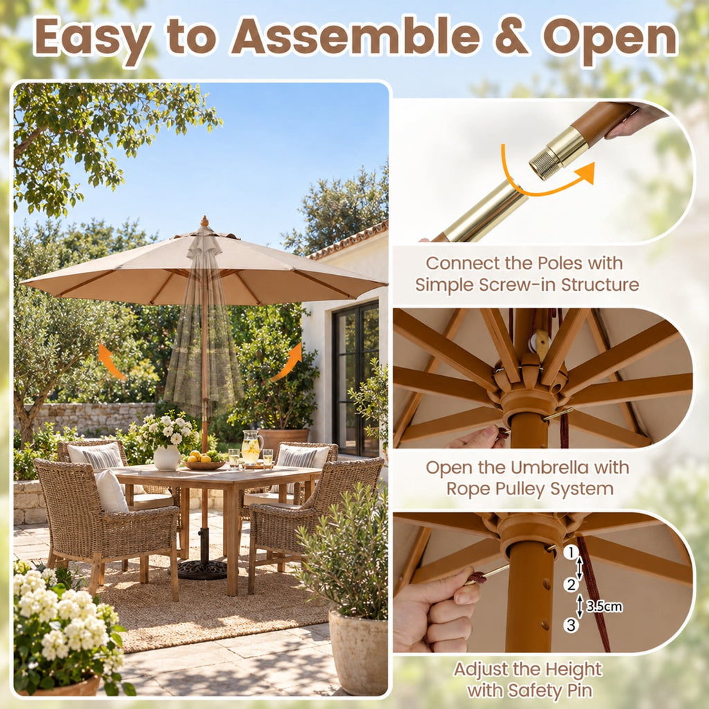 Airfind 9 FT Patio Umbrella Outdoor Table Market Umbrella with 8 Sturdy Bamboo Ribs, Polyester Fabric Bamboo Umbrella Frame, Brown