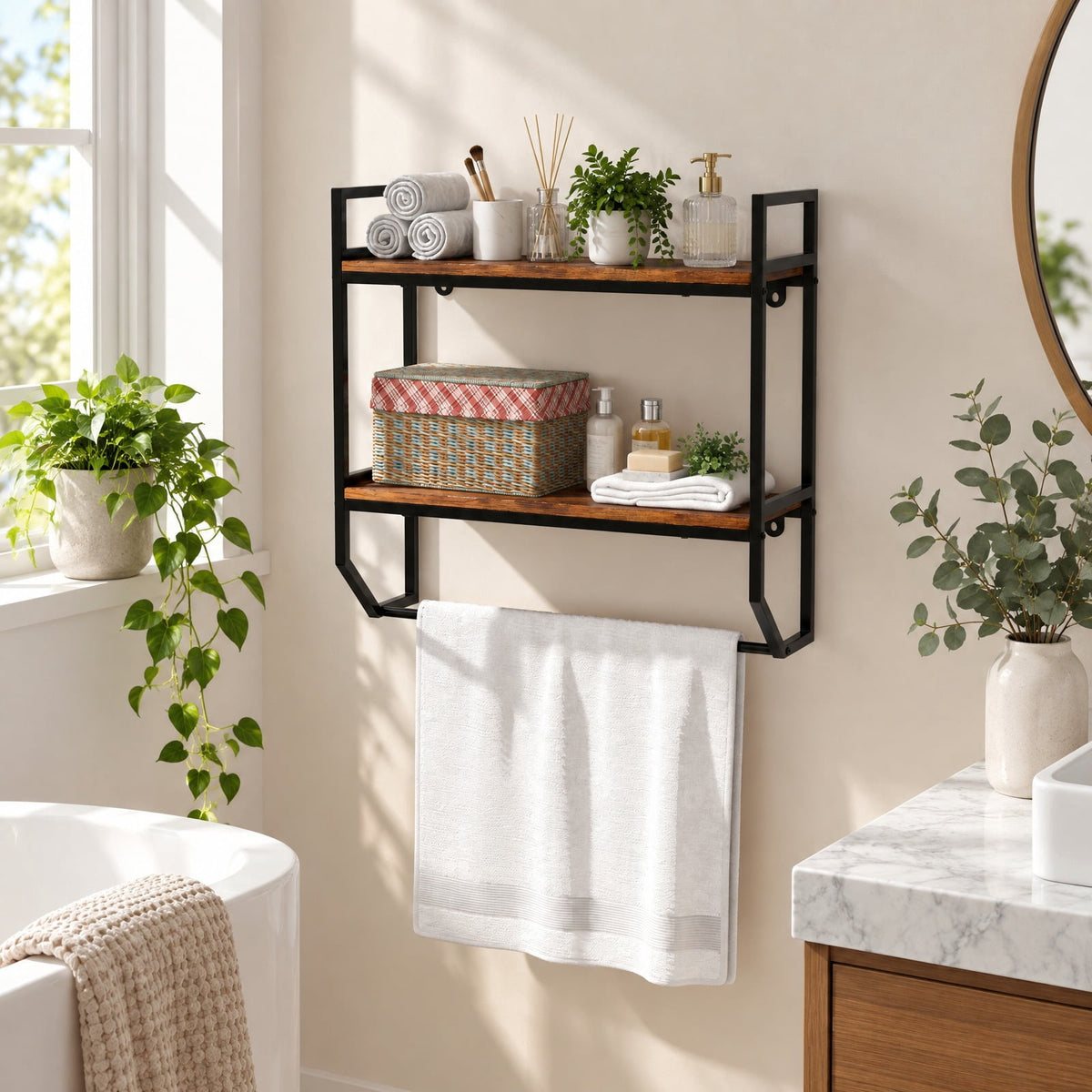 Airfind Over the Toilet Shelf Wall Mounted with Metal Frame for Bathroom, Engineered Wood Metal Frame, 23 x 8 x 23 Footprint, Rustic Brown