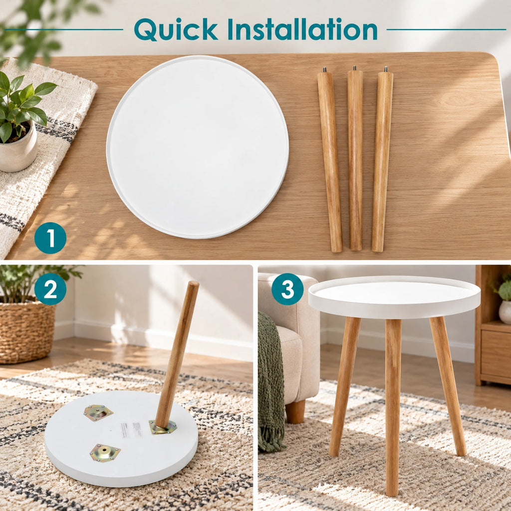Airfind Round Side Sofa Coffee Table with Wooden Tray, 33 lbs Capacity, MDF panel bamboo feet Frame, White
