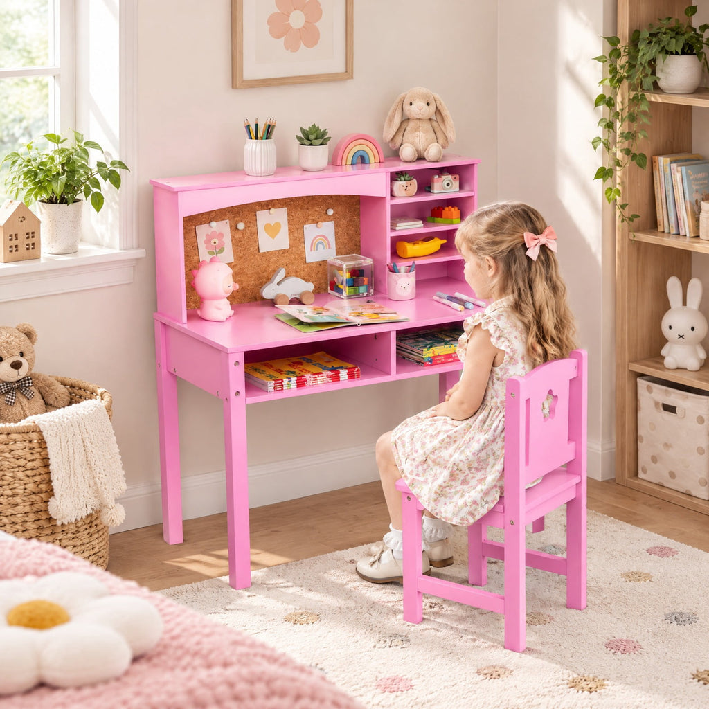 Airfind Kids Desk and Chair Set with Hutch and Bulletin Board for 3+ Kids, MDF Pine Wood Frame, 31 x 15.5 x 33.5 Footprint, Pink