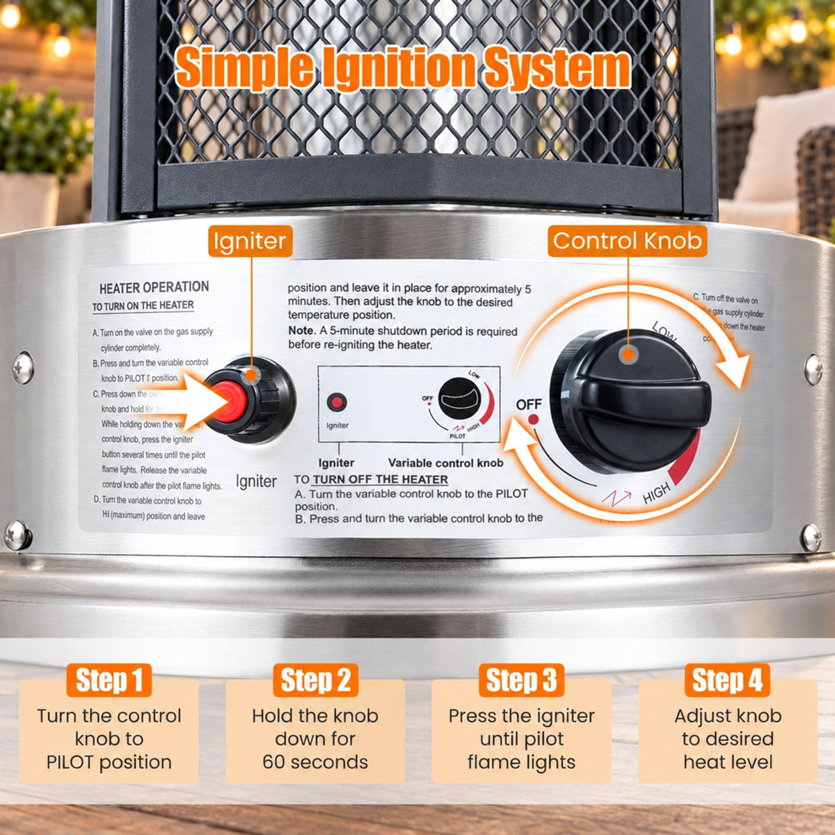 Airfind Outdoor Propane Patio Heater with Glass Tube and Tilt-Over Protection, Metal Frame, 27.5in x 74.5in Footprint, Silver