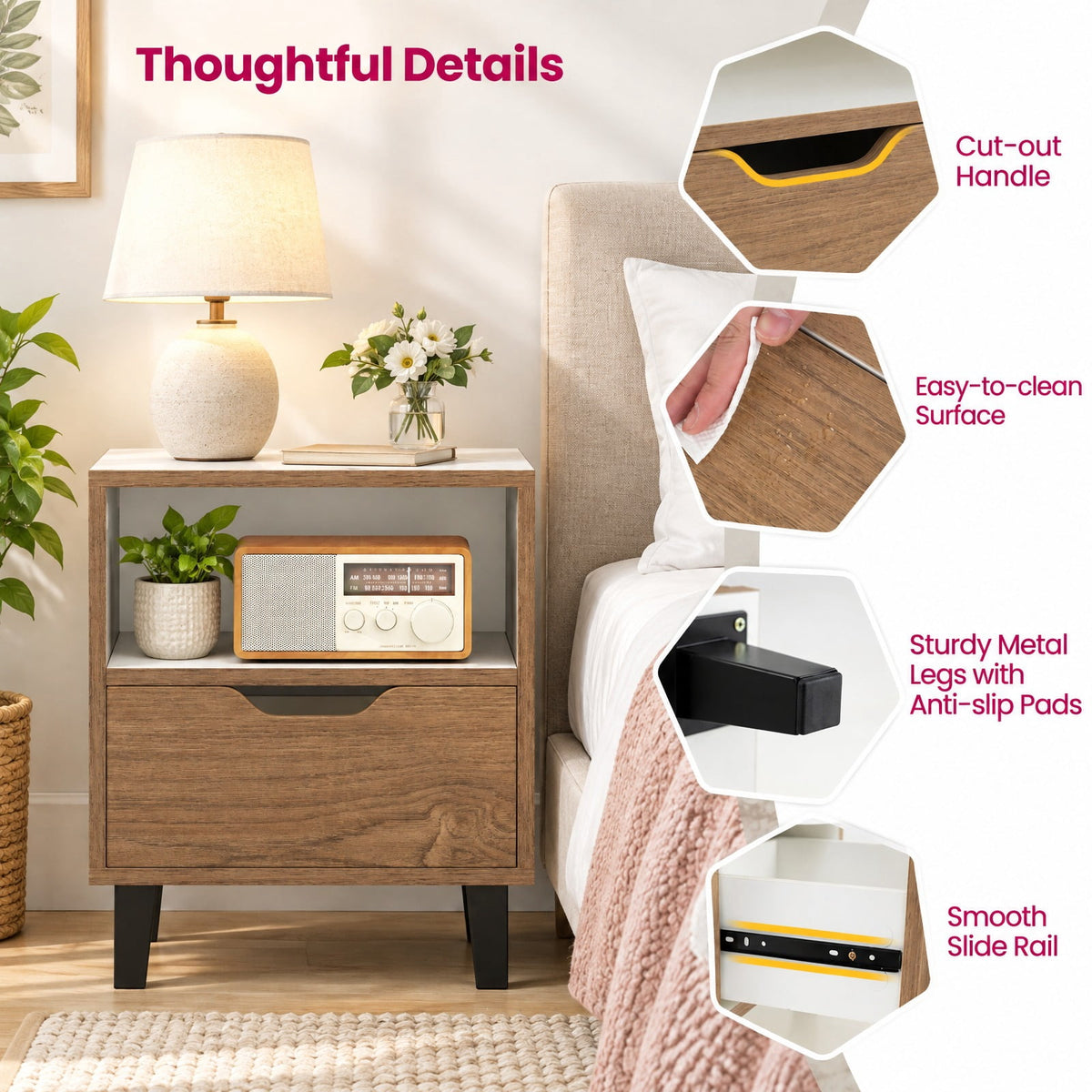 Airfind Nightstand with Drawer and Open Storage Shelf for Bedroom, 110 lbs Capacity, Engineered Wood MDF Metal Frame, 14.5in x 13in x 17.5in Footprint