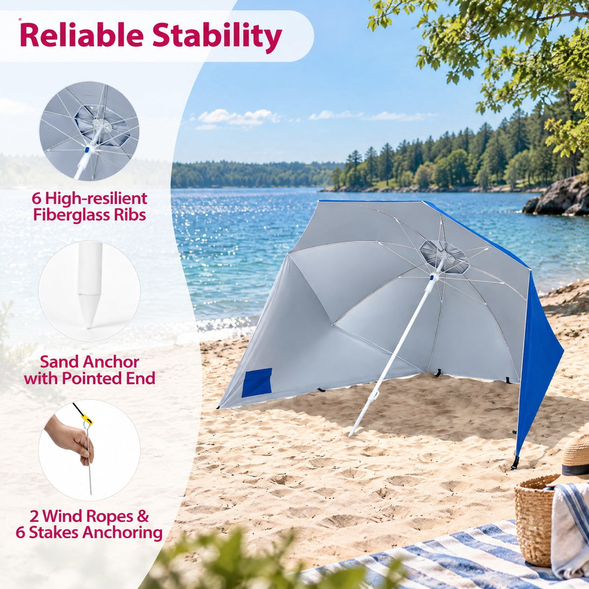 Airfind 2-in-1 Beach Shelter Umbrella UPF 50+ with Side Panels for Camping Picnic, Oxford Cloth Fiberglass Pole Metal PP Frame, Blue