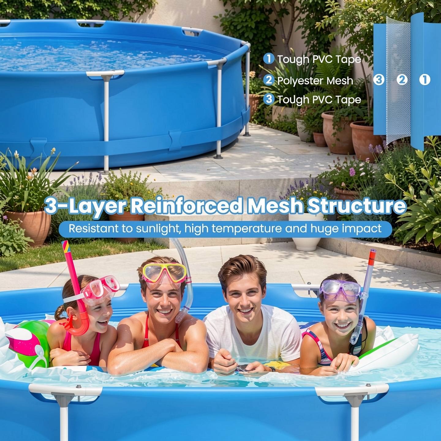 Airfind 12ft x 30in Round Above Ground Swimming Pool with Iron Frame & Pool Cover, 3-Layer PVC Mesh, Blue