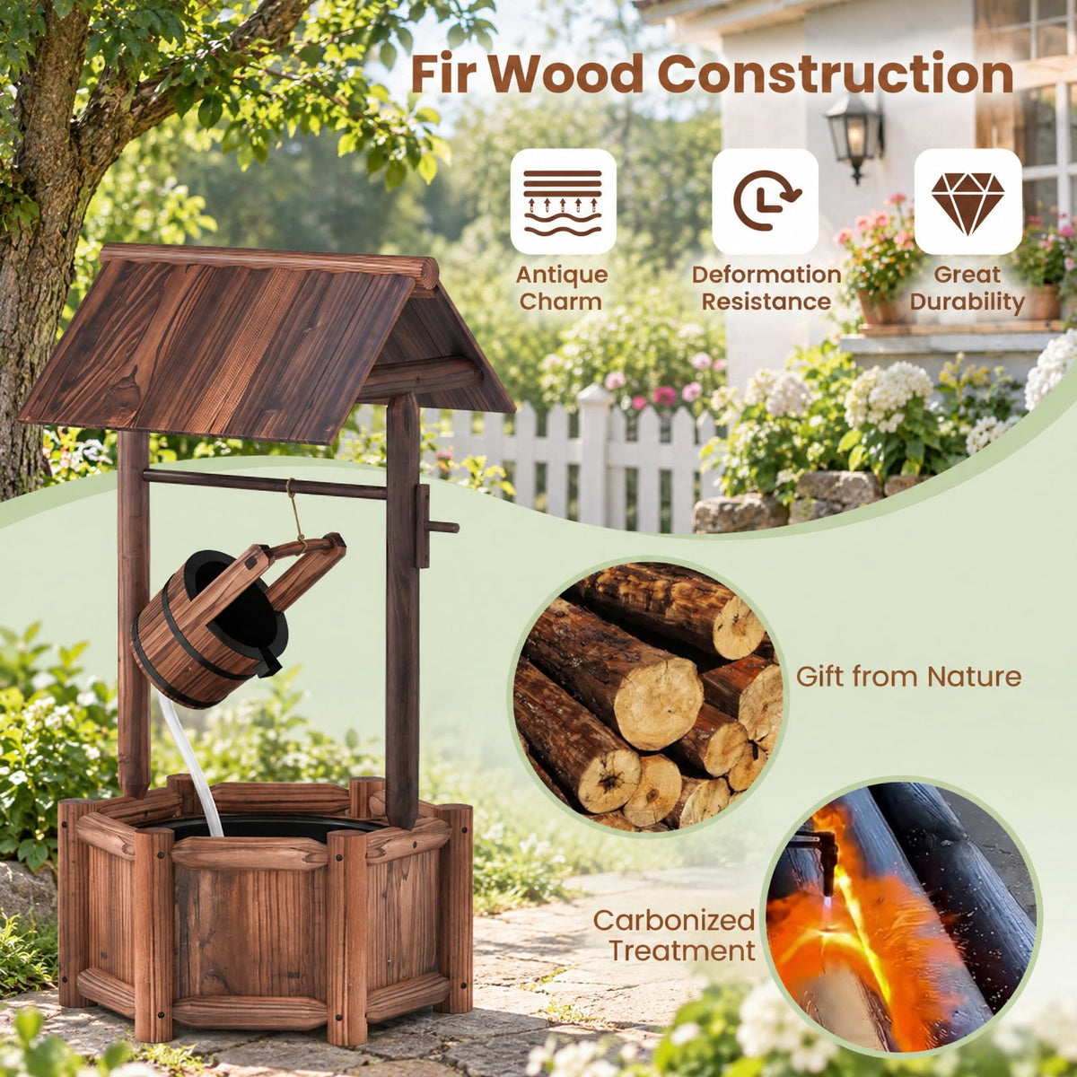 Airfind Garden Rustic Wishing Well Wooden Water Fountain with Pump, Fir Wood Frame, Product Size 24 Inch x22 Inchx 44.5 Inch (L x W x H), Unspecified