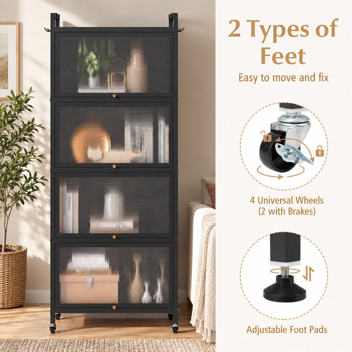 Airfind 5-Tier Kitchen Bakers Rack with Flip-up PC Doors, tier 33 lbs Capacity, Metal PC PP Gray Frame, 23.5 x 12.5 x 60.5 Footprint, Black