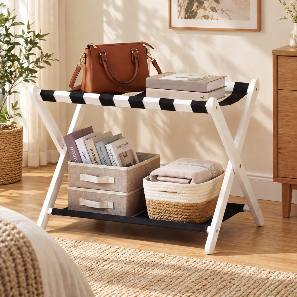 Airfind Solid Rubberwood Folding Luggage Rack with Nylon Shelves, 110 lbs Capacity, Rubberwood Nylon Frame, 26.5 x 18 x 20.5 Footprint, White