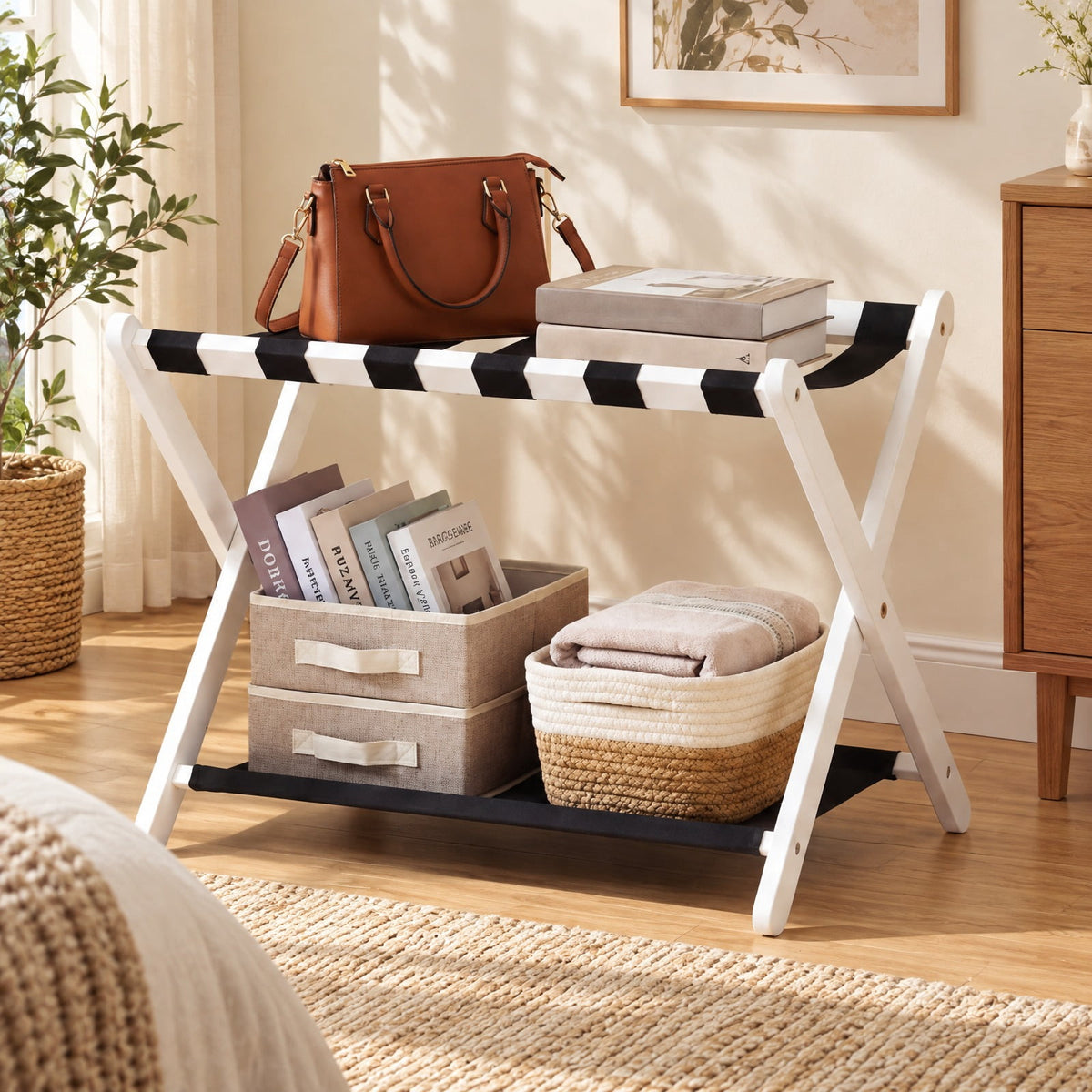 Airfind Solid Rubberwood Folding Luggage Rack with Nylon Shelves, 110 lbs Capacity, Rubberwood Nylon Frame, 26.5 x 18 x 20.5 Footprint, White