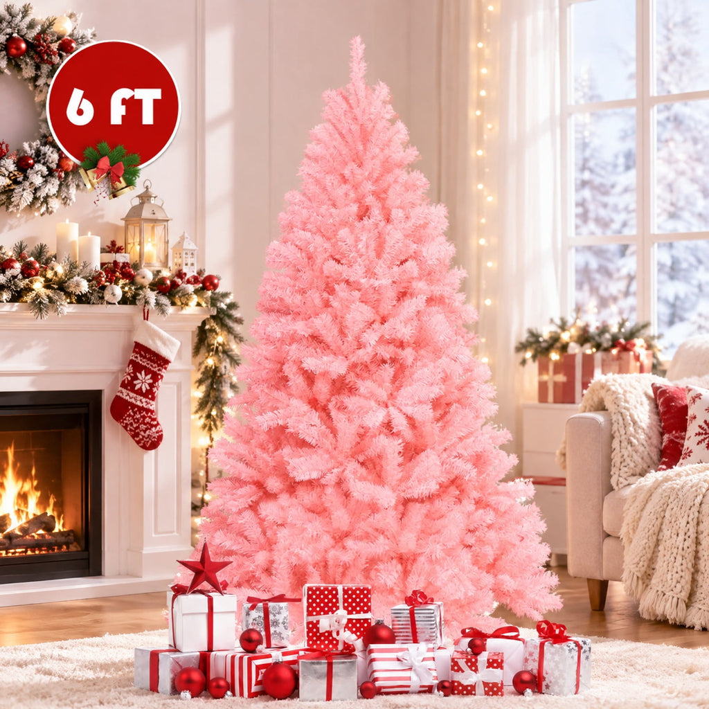 Airfind 6 Feet Pink Artificial Hinged Spruce Full Christmas Tree with Foldable Metal Stand, New PVC Frame, Pink