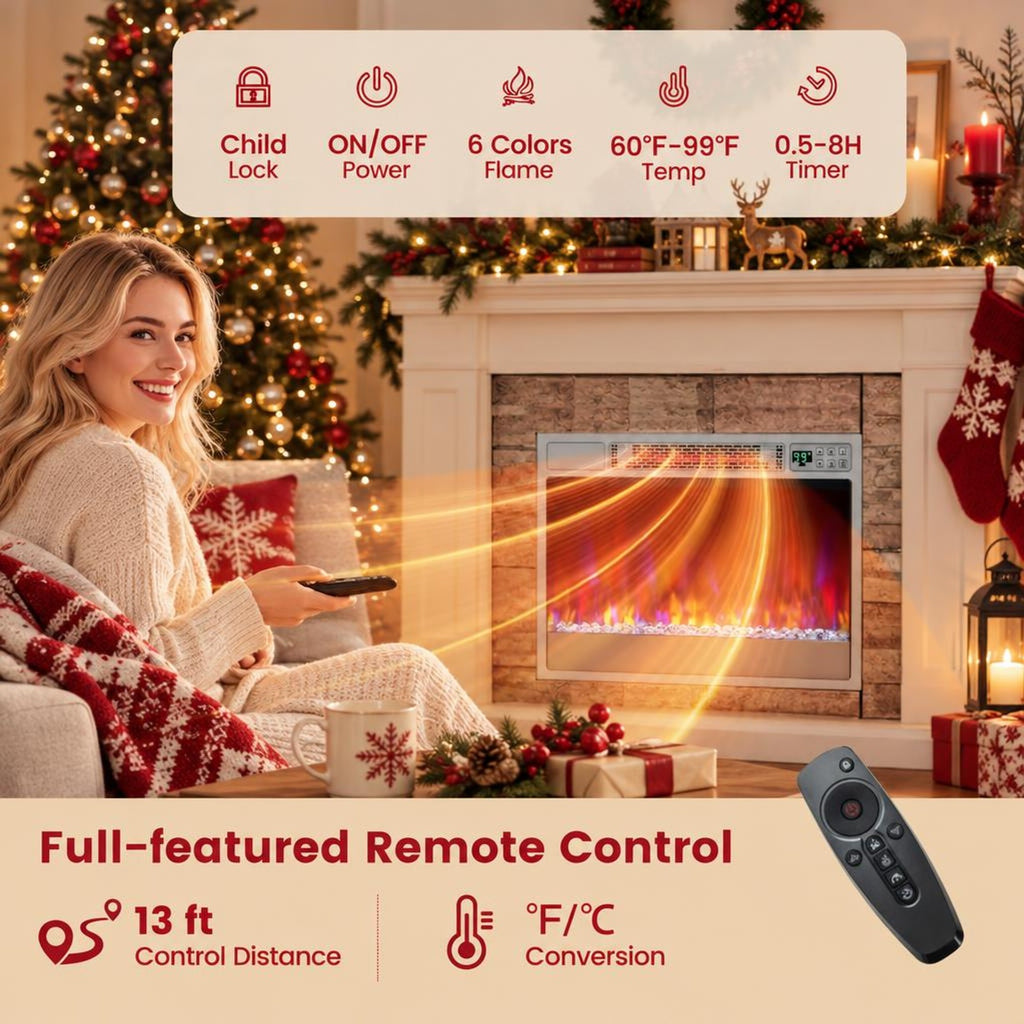 Airfind 23 Inch 1500W Recessed Electric Fireplace Insert with Remote Control, Metal Tempered Glass PS Frame, Silver