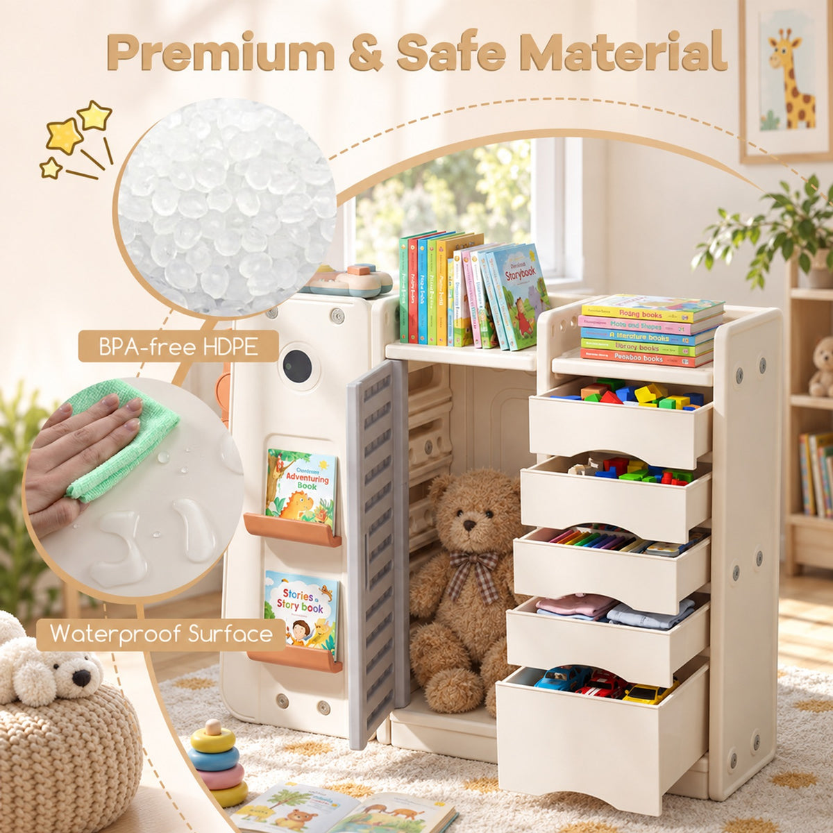 Airfind Kids Toy Storage Organizer with 5 Removable Bins for Playroom, 110 lbs Capacity, HDPE Frame, for 3+ Years Old Total, Beige