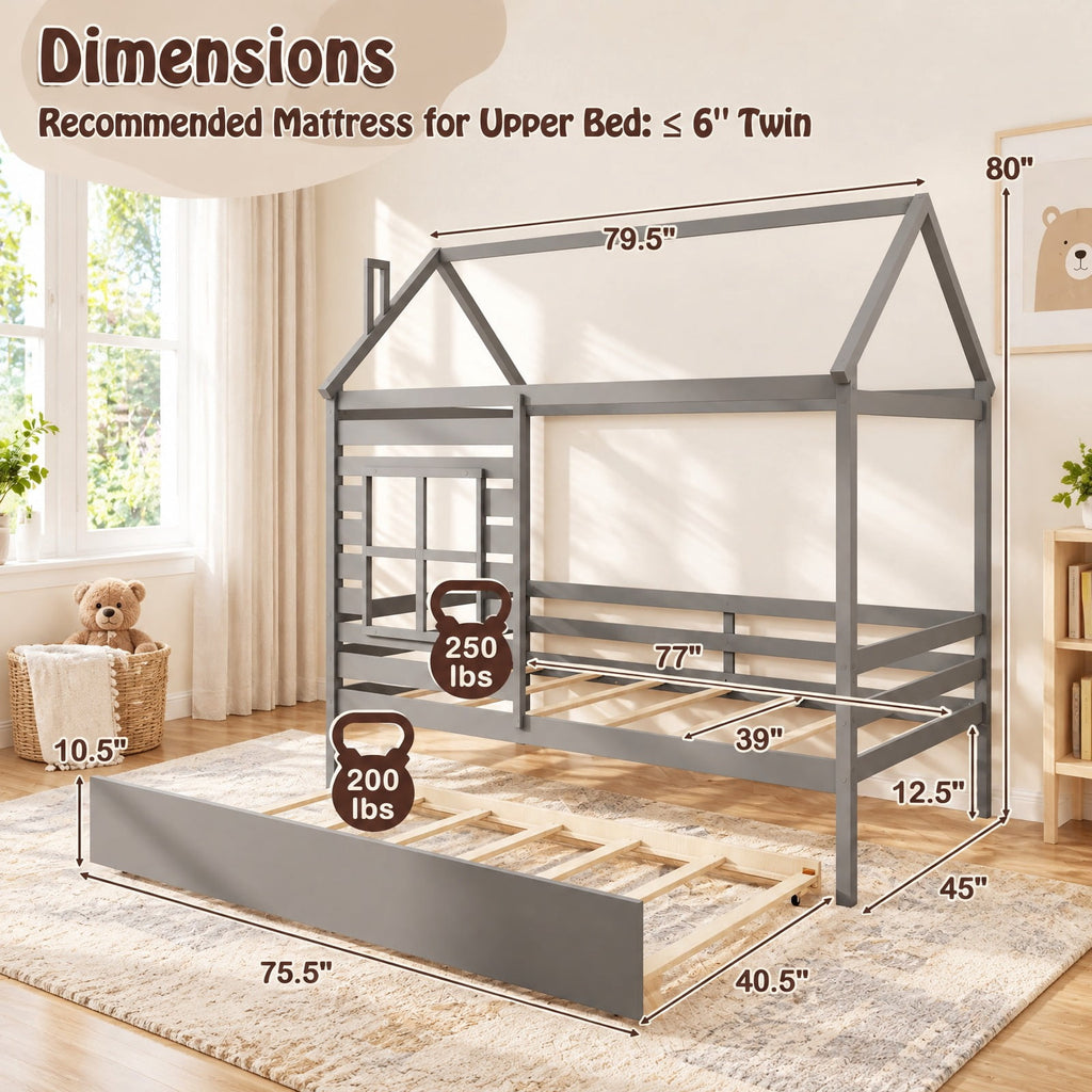 Airfind Twin Size Wooden Platform House Bed with Trundle and Roof, 250 lbs Capacity, Solid Wood Plywood Slats Engineered Wood Frame, Grey
