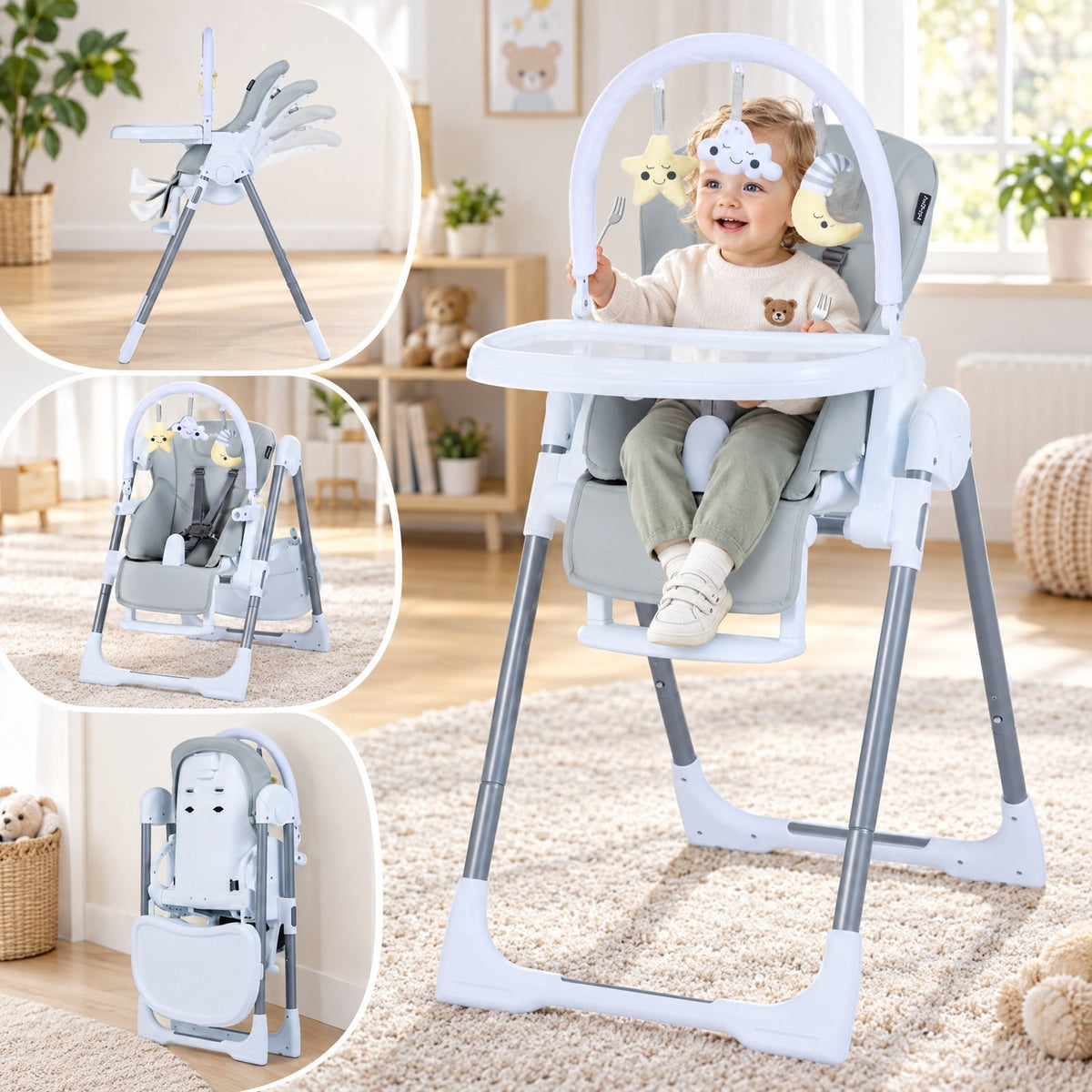 Airfind Foldable Baby High Chair with Adjustable Height and Relining Seat, 15 kg Capacity, Metal PP PU Frame, for 6-36 Months, Light Gray