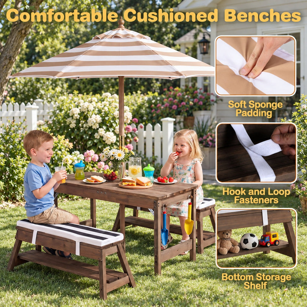 Airfind Outdoor Kids Wooden Picnic Table and Benches Set with Umbrella, 110 lbs Capacity, Fir Wood Nylon Fabric Sponge PP Frame, for 3+ Years Old