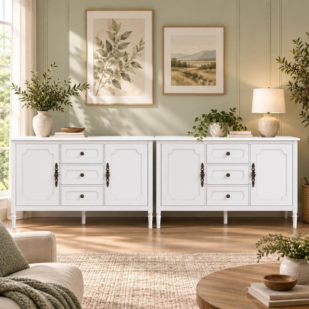 Airfind 47 Inch Vintage Buffet Cabinet with 3 Drawers 2 Cabinets and Adjustable Shelves for Dining Room, 110 Lbs Capacity, 47 Inch X 15.5 Inch X 31.5 Inch, White