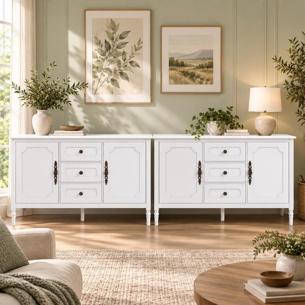 Airfind 47 Inch Vintage Buffet Cabinet with 3 Drawers 2 Cabinets and Adjustable Shelves for Dining Room, 110 Lbs Capacity, 47 Inch X 15.5 Inch X 31.5 Inch, White