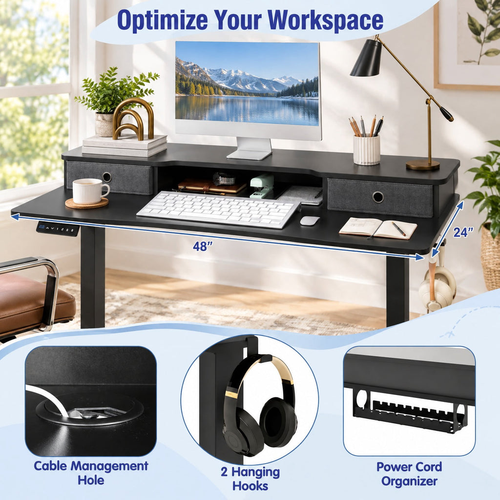 Airfind 48 Inch x 24 Inch Height Adjustable Electric Standing Desk with 2 Drawers, 200 lbs Capacity, Engineered Wood Metal Fabric Frame, Black