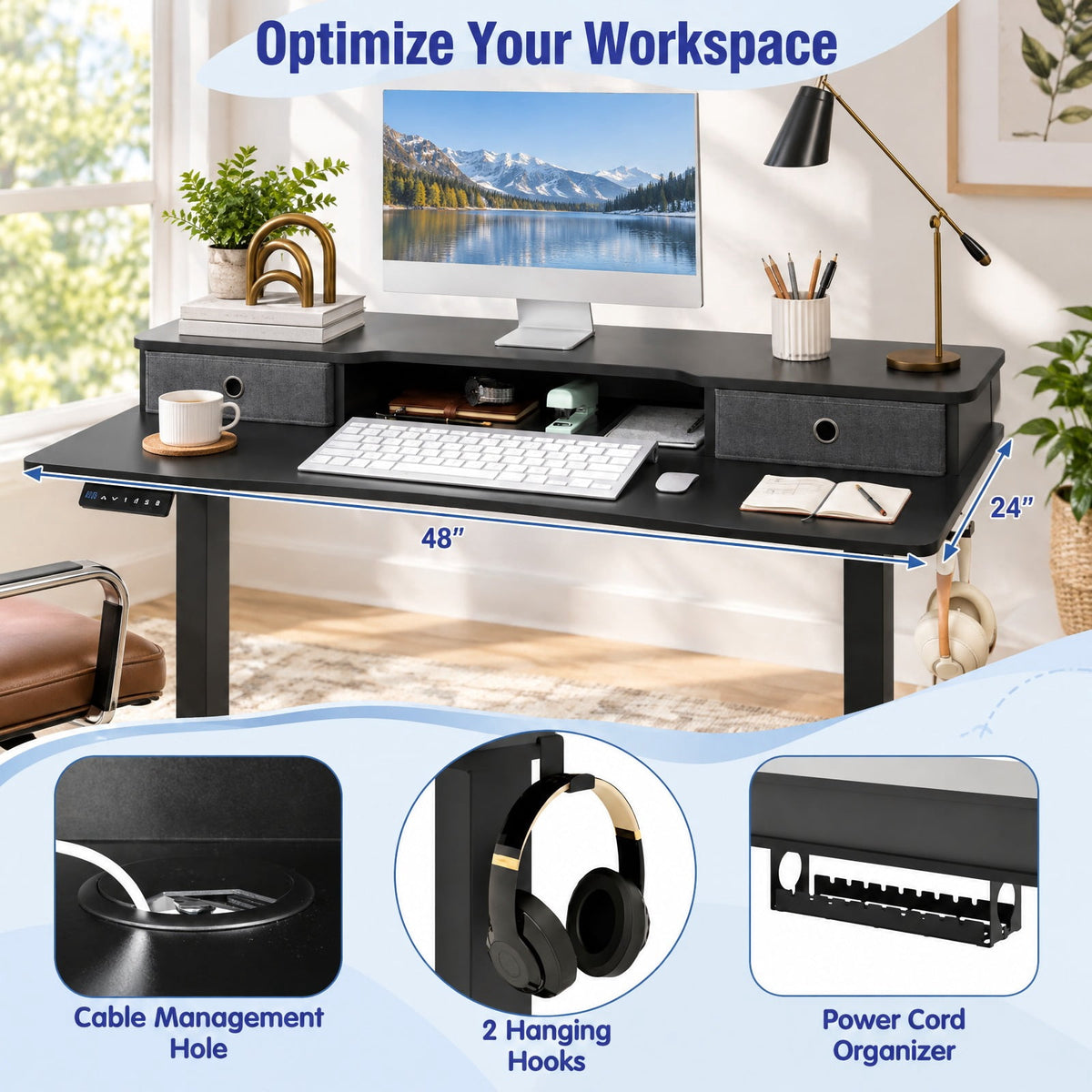 Airfind 48 Inch x 24 Inch Height Adjustable Electric Standing Desk with 2 Drawers, 200 lbs Capacity, Engineered Wood Metal Fabric Frame, Black