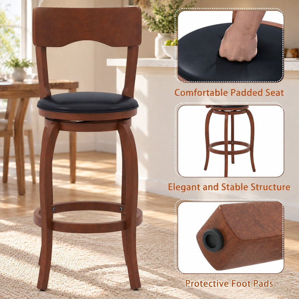 Airfind Swivel Bar Stools Set of 2 with Rubber Wood Frame and Upholstered Seat-29 Inch, 286 lbs Capacity, Rubber Wood Sponge PVC Frame, Wood