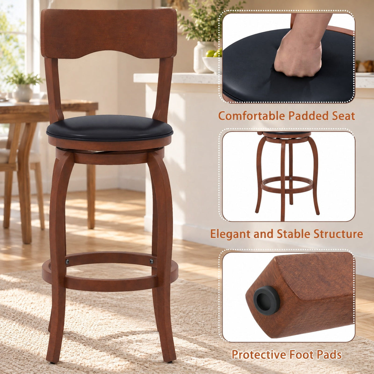 Airfind Swivel Bar Stools Set of 2 with Rubber Wood Frame and Upholstered Seat-29 Inch, 286 lbs Capacity, Rubber Wood Sponge PVC Frame, Wood