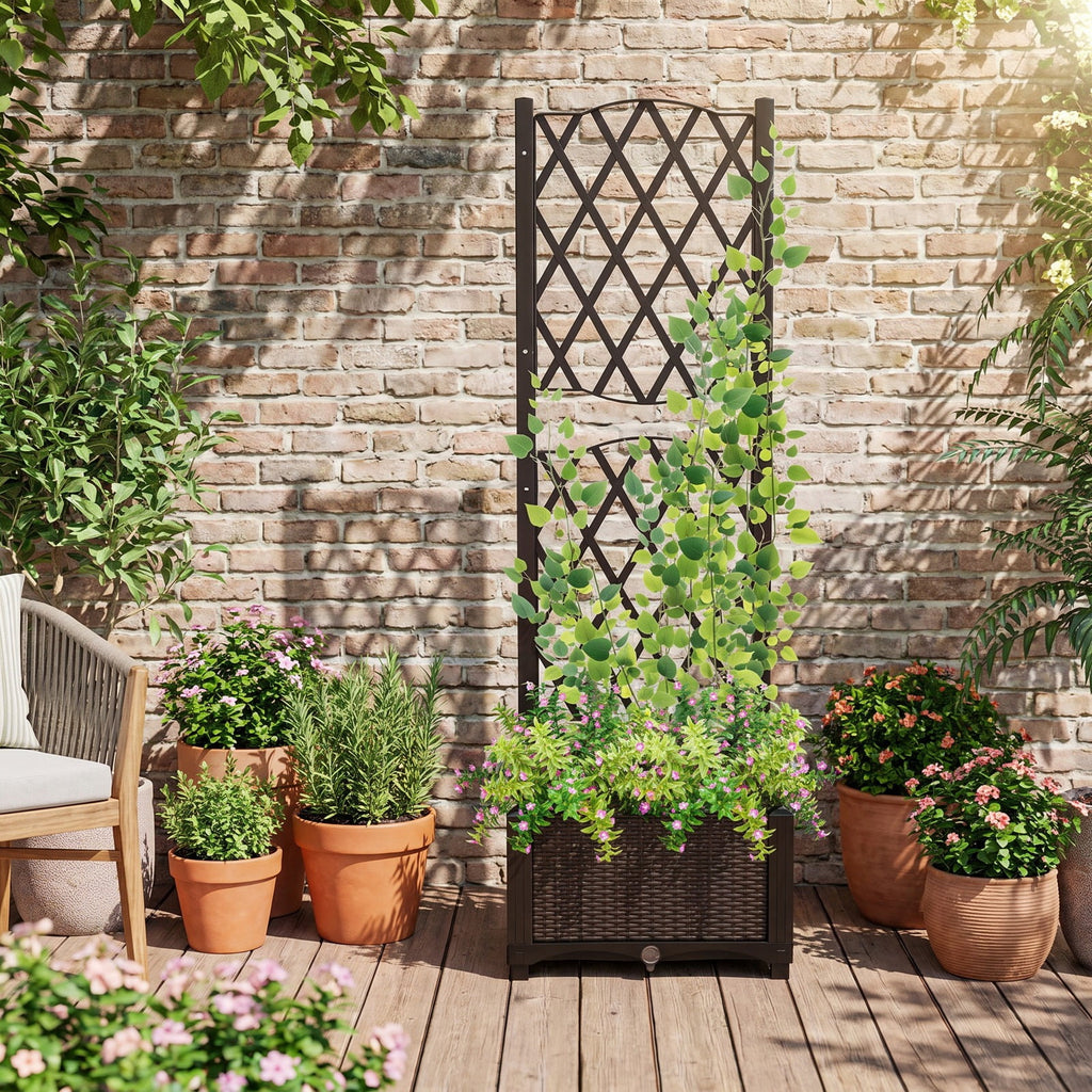Airfind Raised Garden Bed with Trellis Planter Box for Climbing Plants, PP Frame, 16 x 16 x 48 Footprint, Brown
