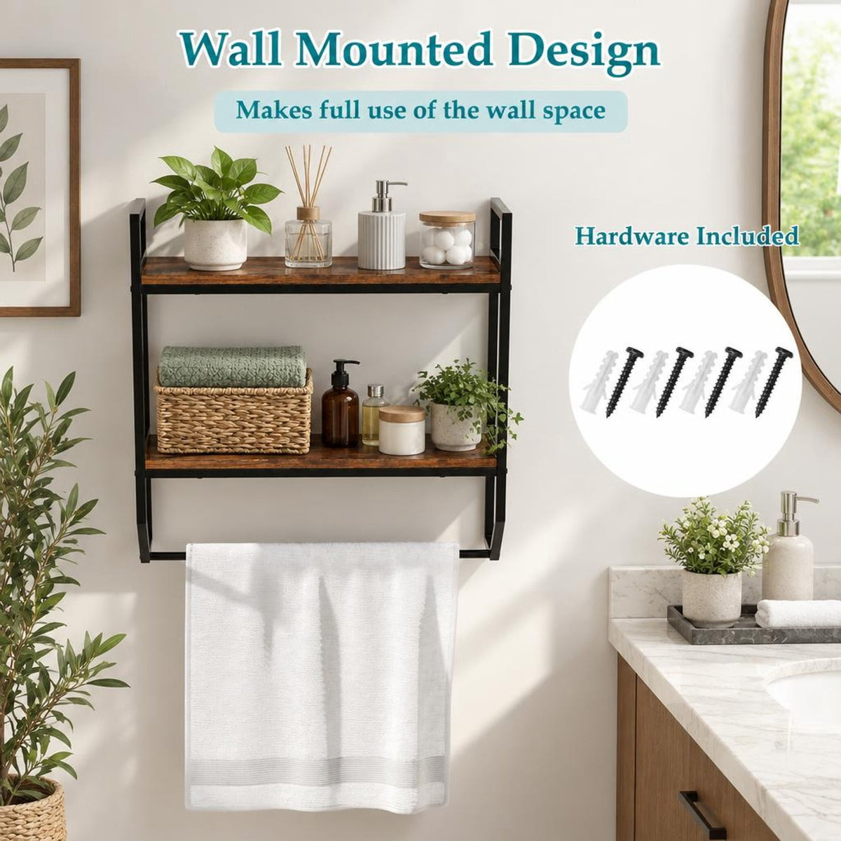 Airfind Over the Toilet Shelf Wall Mounted with Metal Frame for Bathroom, Engineered Wood Metal Frame, 23 x 8 x 23 Footprint, Rustic Brown