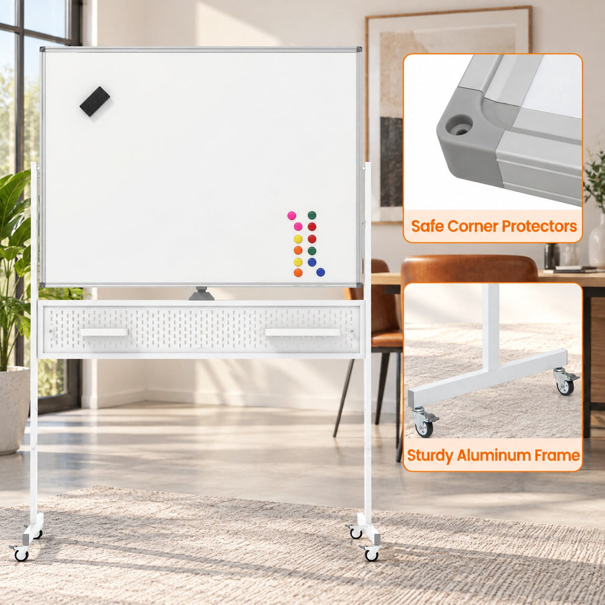 Airfind Mobile Whiteboard Adjustable Double-Sided Magnetic Board with Pegboard, Metal Aluminum Alloy PU Frame, 50 x 22 x 65.7 Footprint, White