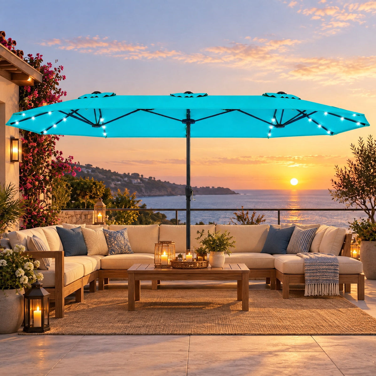 Airfind 13FT Double-sided Patio Umbrella with Solar Lights for Garden Pool Backyard, Metal 180g Yarn Dyed Fabric PA Coating Frame, Turquoise