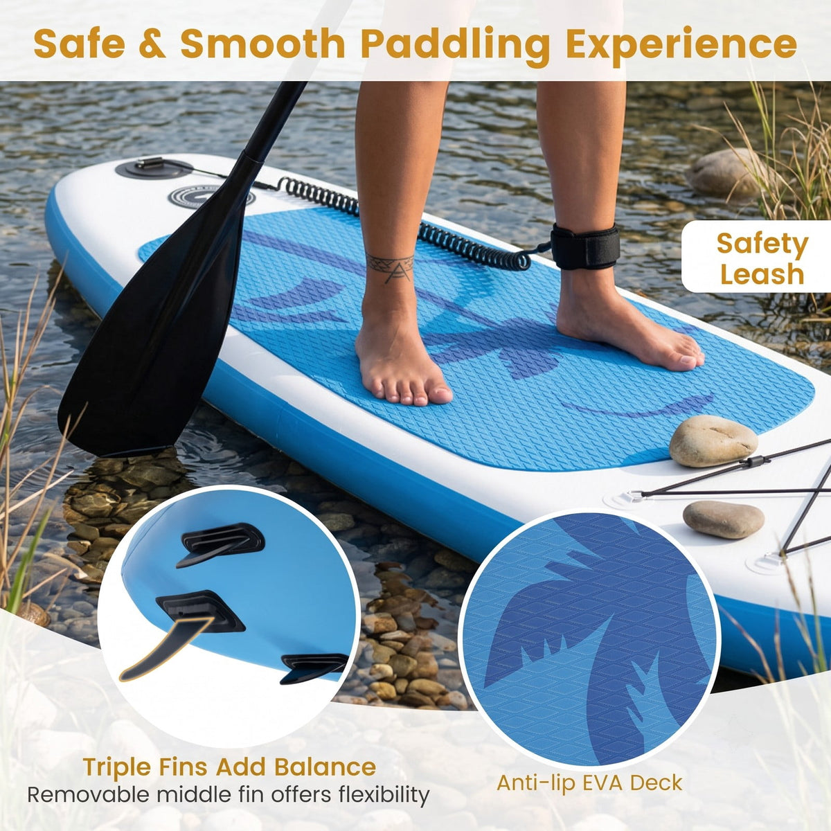 Airfind Inflatable Stand Up Paddle Board with Triple Fins and Aluminum Paddle for Adults Cruising on Lakes, Blue and White