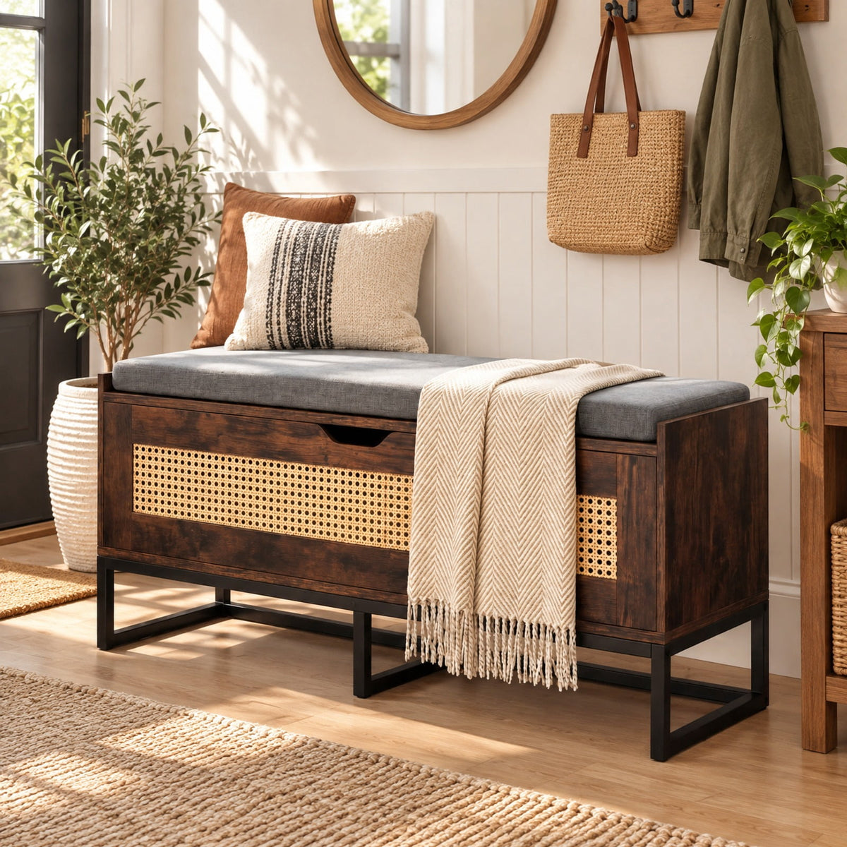 Airfind 39.5in Rattan Storage Chest Wicker Shoe Bench with Padded Seat Flip-Top, 440 lbs Capacity, Engineered Wood PE Rattan Metal Frame, Brown