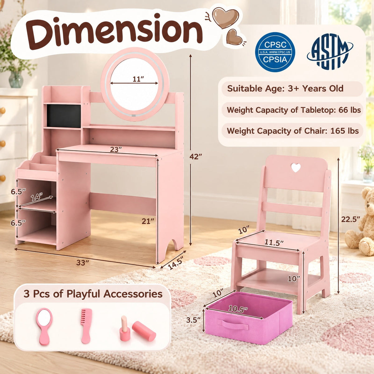 Airfind Kids Vanity Desk with Mirror and Lights Princess Pretend Play Dressing Table and Chair Set, 66 lbs Capacity, MDF Frame, for 3+ years old