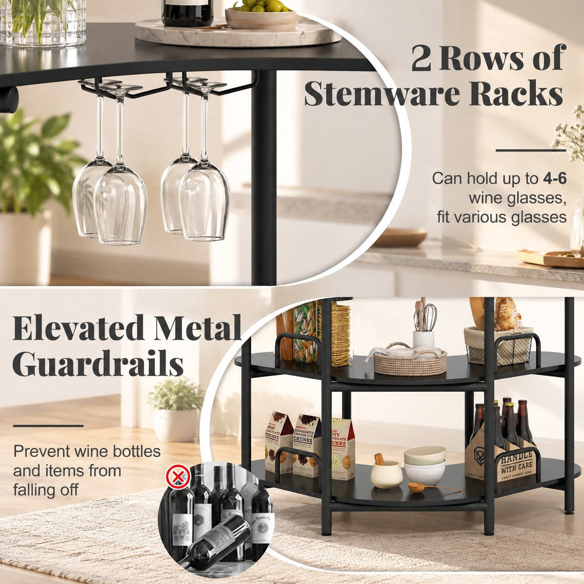 Airfind 3-Tier Liquor Bar Table with Stemware Racks and Storage Shelves, 200 lbs Capacity, Engineered Wood Metal Frame, 48 x 26 x 40 Footprint