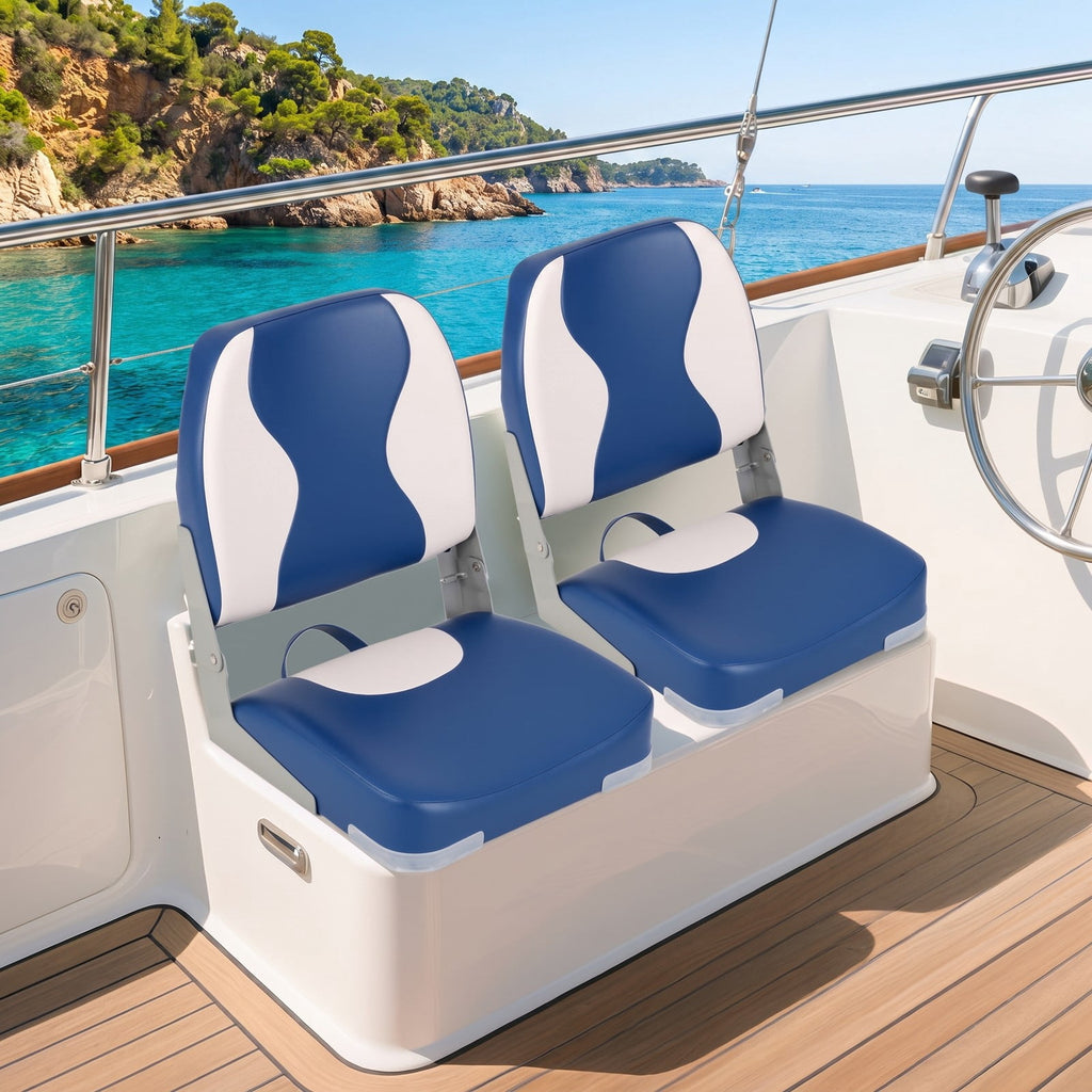Airfind Folding Low Back Boat Seats 2 Pack with Thick Sponge Padding and Aluminum Hinges for Fishing and Cabin Boats, Blue and White